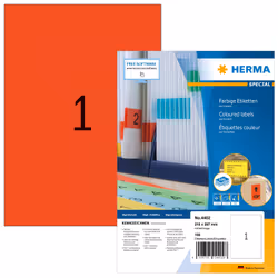 HERMA Coloured Labels A4 210x297 mm red paper matt 100 pcs., Red, Self-adhesive printer label, A4, Paper, Laser/Inkjet, Perma ...