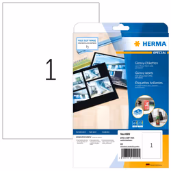 HERMA Labels A4 210x297 mm white paper glossy 25 pcs., White, Self-adhesive printer label, A4, Paper, Laser, Permanent