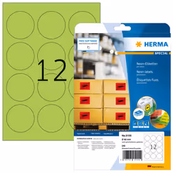 HERMA Neon labels A4 Ø 60 mm round luminous green paper matt 240 pcs., Green, Self-adhesive printer label, A4, Paper, Laser/I ...