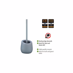 Wenko Badi Grey Toilet Brush Holder with Silicone Bristles and Edge Brush, Ceramic, 13.5 x 38 x 13.5 cm, Grey