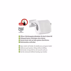 Turbo-Loc Quadro Stainless Steel Toilet Roll Holder without Lid - No Drilling Required, Stainless Steel, Chrome,