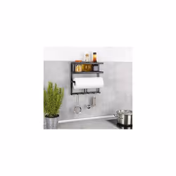 Gala Multifunctional Shelf with Kitchen Roll Holder and Railing Including 6 Hooks, Powder-coated metal, Black, 30 x 33 x 9 cm