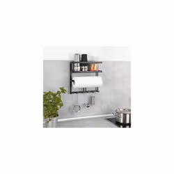 Gala Multifunctional Shelf with Kitchen Roll Holder and Railing Including 6 Hooks, Powder-coated metal, Black, 30 x 33 x 9 cm