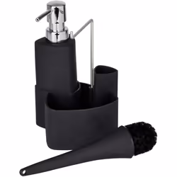 Wenko Washing-Up Set Liquid Dispenser, Brush, Cloth Holder - Empire Black, 250ml