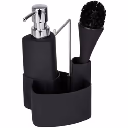 Wenko Washing-Up Set Liquid Dispenser, Brush, Cloth Holder - Empire Black, 250ml