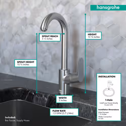 hansgrohe Focus Stainless Steel Bar Kitchen Faucet  Bar Sink Faucet Single Hole  Faucet for Kitchen Sink  Stainless Steel Optic 04507801
