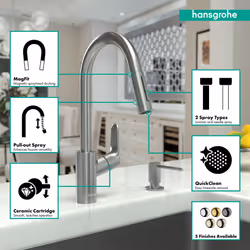 hansgrohe Focus Stainless Steel High Arc Kitchen Faucet  Kitchen Faucets with Pull Down Sprayer  Faucet for Kitchen Sink  Magnetic Docking Spray Head