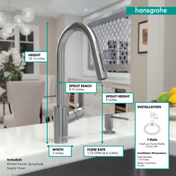 hansgrohe Focus Stainless Steel High Arc Kitchen Faucet  Kitchen Faucets with Pull Down Sprayer  Faucet for Kitchen Sink  Magnetic Docking Spray Head