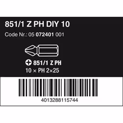 Wera 05072401001 Phillips Extra-Tough Bits 851/1 Z PH2 x 25 mm, Pack of 10