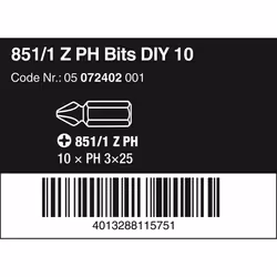 Wera 05072402001 Phillips Extra-Tough Bits 851/1 Z PH3 x 25 mm, Pack of 10
