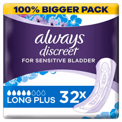 Always Discreet Incontinence Pads for Women, Long, 32 High Absorbency Pads