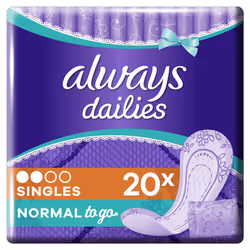 Always Dailies Singles Normal To Go Panty Liners, 20 Pads