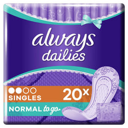 Always Dailies Singles Normal To Go Panty Liners, 20 Pads