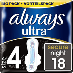 Always Ultra Secure Night Sanitary Pads with Wings Size 4 (10 Packs of 18)