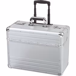 Pilotcase with integrated trolleysystem. plain aluminium. with two combination locks. high quality wheels on the width side.