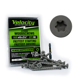 Velocity Exterior Wood Screw DIY Pack- 60 Wood Screws  Made with Carbon Steel  Includes 1 Hexstix Drive Bit and Stick-Tight Technology (Size #10x2  60