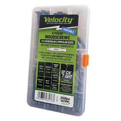 Velocity Portable Exterior Wood Screw Assortment Kit - 108 Assorted Wood Screws in 6 Sizes Made with carbon Steel  Includes 2 Hexstix Drive Bits and P
