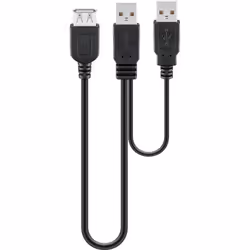Deltaco USB 2.0 Hi-Speed Dual-Power Cable, black, 0.3 m, USB A, 2 x USB A, USB 2.0, 0.48 Gbit/s, Black