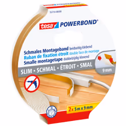 TESA Powerbond Slim, Mounting tape, Multicolour, 5 m, Indoor, Plastic, Wood, 9 mm