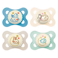 Original Night Silicone Dummy, Set of 4, 0-6 Months, Glow in the Dark, Tooth-Friendly, Includes 2 Sterilising Transport Boxes ...