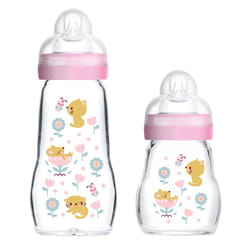 Feel Good Glass Baby Bottle Pack of 2 (170 ml & 260 ml), with Teat 1 Slow Flow for Newborns, Pink