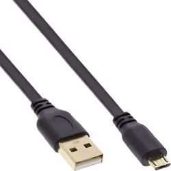 InLine Micro USB 2.0 Flat Cable USB A / Micro-B, black / gold, 3m, 3 m, USB A, Micro-USB B, USB 2.0, Male/Male, Black