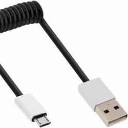 InLine Micro-USB 2.0 spiral cable, Type A/Micro-B M/M, black/alu, flexible 3m, 3 m, Micro-USB B, USB A, USB 2.0, Male/Male, B ...