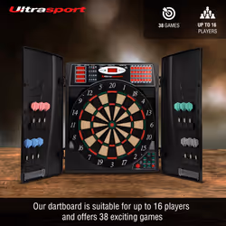 Ultrasport Electric Dartboard, With And Without Doors, Dart Machine For up to 16 Players, Including Throw Line, 12 Darts And 100 Soft Tips