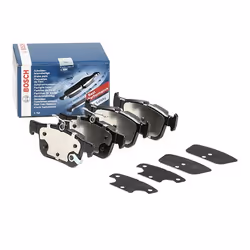 Brake pad set; BOSCH; Low-Metallic with acoustic wear warning with anti-squeak plate; for FORD, FORD USA; 2247444, 2367295, 2 ...
