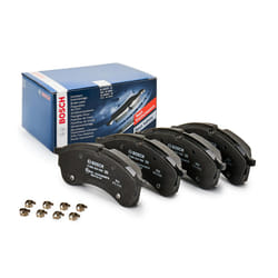 BOSCH 0 986 424 930 Brake pad set Low-Metallic with anti-squeak plate, with mounting manual with spring VOLKSWAGEN: Crafter Van