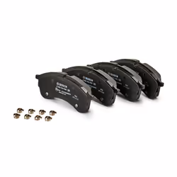 BOSCH 0 986 424 930 Brake pad set Low-Metallic with anti-squeak plate, with mounting manual with spring VOLKSWAGEN: Crafter Van