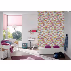 Children's Camper Van Caravan Wallpaper Pink White Bunting Floral AS Creation