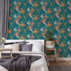 Asian Fusion Crane Bird Wallpaper Emerald Green Textured Vinyl Paste The Wall