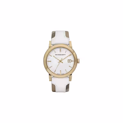 Burberry BU9015 Women's Swiss Heymarket Check Fabric and White Leather Band White Dial Watch