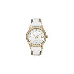 Burberry BU9015 Women's Swiss Heymarket Check Fabric and White Leather Band White Dial Watch