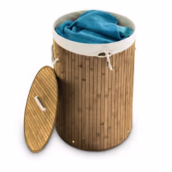 Relaxdays Round Bamboo Hamper, 70 L, Round, Bamboo, Cotton, Polyester, Bamboo, Wood, Bamboo