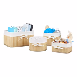 Relaxdays Set of 4 Bamboo Storage Baskets, Storage basket, Bamboo, White, Other, Bamboo, Fibreboard, Polyester, Monochromatic ...