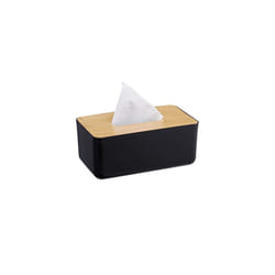 Tissue Box, Refillable, Bathroom, Napkin Dispenser, Bamboo Lid, Plastic, 10 x 23 x 13 cm, Black/Natural