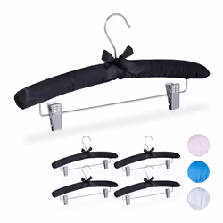 Satin Coat Hangers Set of 5 Padded Vintage Adjustable Clips Swivel Hook 38cm Wide Black