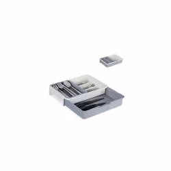 10027748_111 Cutlery Tray, Extendable, 7 Compartments for Silverware & Kitchen Utensils, HWD 6x23.5x31.5 cm, PP, White-Grey