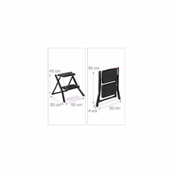 Relaxdays Folding Step Ladder, 2 Rungs, Compact Stand, Non-Slip, Iron, HWD 45 x 50 x 50 cm, Black