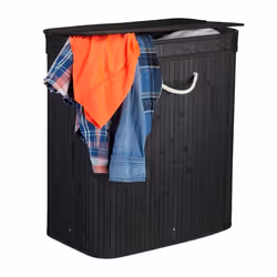 Relaxdays Lidded Laundry Hamper, 95 L, Rectangular, Bamboo, MDF, Metal, Polyester, Black, White, Black, 550 mm