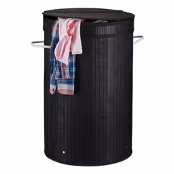 Relaxdays Lidded Laundry Hamper, 65 L, Round, Bamboo, Cotton, Polyester, Black, White, Black, Bamboo