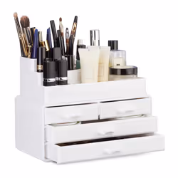 Relaxdays Makeup Organizer with 4 Drawers, White, Tabletop, Plastic, Monochromatic, 235 mm, 140 mm