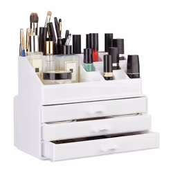 Relaxdays Makeup Organiser with 3 Shelves, White, Tabletop, Plastic, Monochromatic, 235 mm, 140 mm