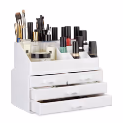 Relaxdays Makeup Organizer with 4 Drawers, White, Tabletop, Plastic, Monochromatic, 240 mm, 135 mm