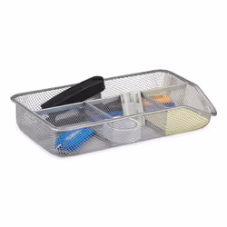 Relaxdays Flat 4-Compartment Stationery Organizer, Steel, Silver, 275 mm, 160 mm, 48 mm, 300 g