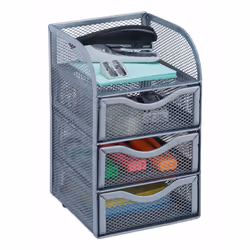 Relaxdays Metal Mesh Desk Organizer with 3 Drawers, Silver, Steel, 125 mm, 130 mm, 210 mm, 800 g