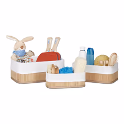 Relaxdays 3-Piece Bathroom Storage Basket Set, Storage box, Light brown, White, Rectangular, Bamboo, Fibreboard, Polyester, M ...