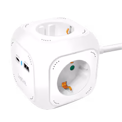 Outlet Strip. 4 safety sockets. w/ 1x USB-A. 1x USB-C. 20W PD. Cube